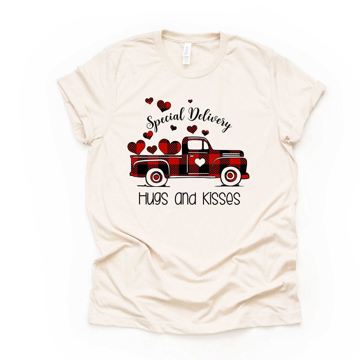Valentine's Day Tee, Special Delivery Old Plaid Truck Design on premium unisex shirt, 2 color choices, 2X, 3X, 4X, plus sizes available