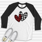 Valentine's Day Raglan, Cute Red And Black Buffalo Plaid Hearts Valentine Design on premium Raglan 3/4 sleeve shirt, plus size, 2X, 3X