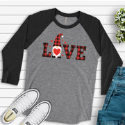 Valentine's Day Raglan, Cute Red And Black Buffalo Plaid LOVE Gnome Valentine Design on premium Raglan 3/4 sleeve shirt, plus size, 2X, 3X