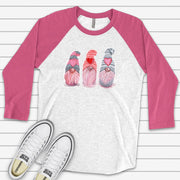 Valentine's Day Raglan, Cute Watercolor Gnomes in Pink and Gray Design on premium Raglan 3/4 sleeve shirt, plus size, 2X, 3X