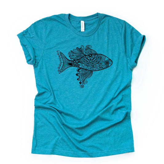 Fish Zentangle, Fish Mandala, Super Cute Fish Mandala Design on premium Bella + Canvas unisex shirt, 2 color choices, plus sizes available