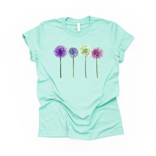 Spring Tee, Beautiful Springtime Allium Flowers Blooming on premium unisex shirt, 2 color choices, 2X, 3X, 4X, plus sizes available