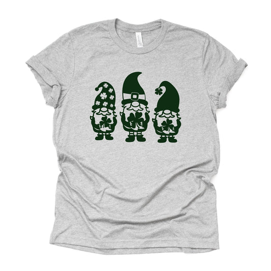 St Patrick's Day Tee, Three Green St Patrick's Day Gnomes Design on premium unisex tee, 2 color choices, 2X, 3X, 4X, plus sizes available