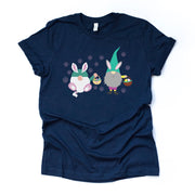 Easter Gnome Tee, Gnomes on an Easter Egg Hunt Easter Design on premium unisex shirt, 2 color choices, 2X, 3X, 4X, plus sizes available