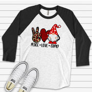 PEACE LOVE GNOME, Valentine's Day Raglan, Peace, Love, Gnome Cupid Valentine Design on premium Raglan 3/4 sleeve shirt, plus size, 2X, 3X