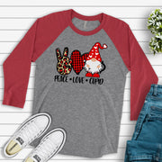 PEACE LOVE GNOME, Valentine's Day Raglan, Peace, Love, Gnome Cupid Valentine Design on premium Raglan 3/4 sleeve shirt, plus size, 2X, 3X