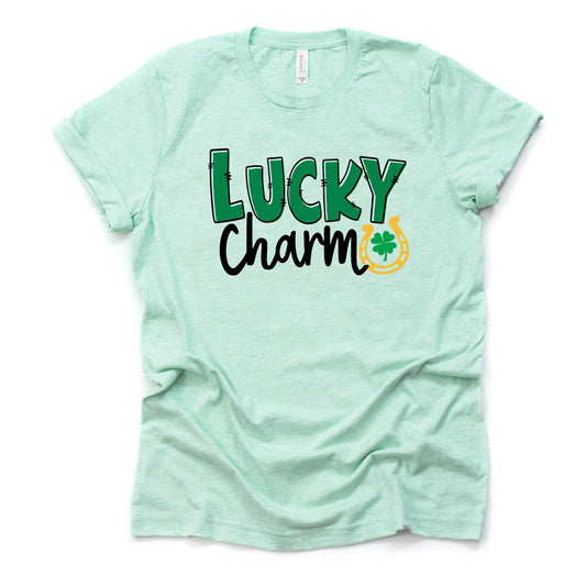 St Patrick's Day Tee, Lucky Charm Horseshoe St Patrick's Design on premium unisex tee, 2 color choices, 2X, 3X, 4X, plus sizes available