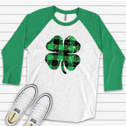St. Patrick's Day Raglan, Distressed Black and Green Buffalo Plaid Shamrock Design on premium Raglan 3/4 sleeve shirt, plus size, 2X, 3X