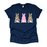 Easter Bunny Tee, Cute Three Bunny with Plaid and Leopard Design on premium unisex shirt, 2 color choices, 2X, 3X, 4X, plus sizes available