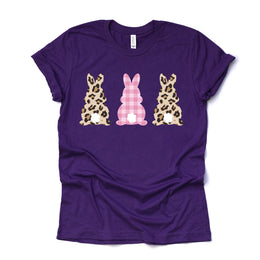 Easter Bunny Tee, Cute Three Bunny with Plaid and Leopard Design on premium unisex shirt, 2 color choices, 2X, 3X, 4X, plus sizes available