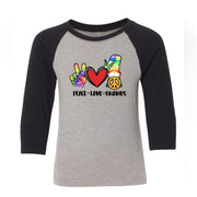 Gnome Raglan, Cute Peace Love Gnome with Peace Sign and Tie Dye Hippie Gnome Design on premium Raglan 3/4 sleeve shirt, plus size, 2X, 3X