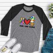 Gnome Raglan, Cute Peace Love Gnome with Peace Sign and Tie Dye Hippie Gnome Design on premium Raglan 3/4 sleeve shirt, plus size, 2X, 3X