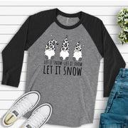Gnome Raglan, Winter Snow Gnomes, Gnomes in Leopard Print Hat LET IT SNOW Design on premium Raglan 3/4 sleeve shirt, plus size, 2X, 3X