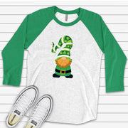 St. Patrick's Day Raglan, Cute St. Patrick's Day Gnome with Shamrocks Design on premium Raglan 3/4 sleeve shirt, plus size, 2X, 3X