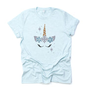 Winter Tee, Winter Unicorn Face with Snowflakes Design on premium unisex shirt, 2 color choices, 2X, 3X, 4X, plus sizes available
