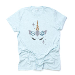 Winter Tee, Winter Unicorn Face with Snowflakes Design on premium unisex shirt, 2 color choices, 2X, 3X, 4X, plus sizes available