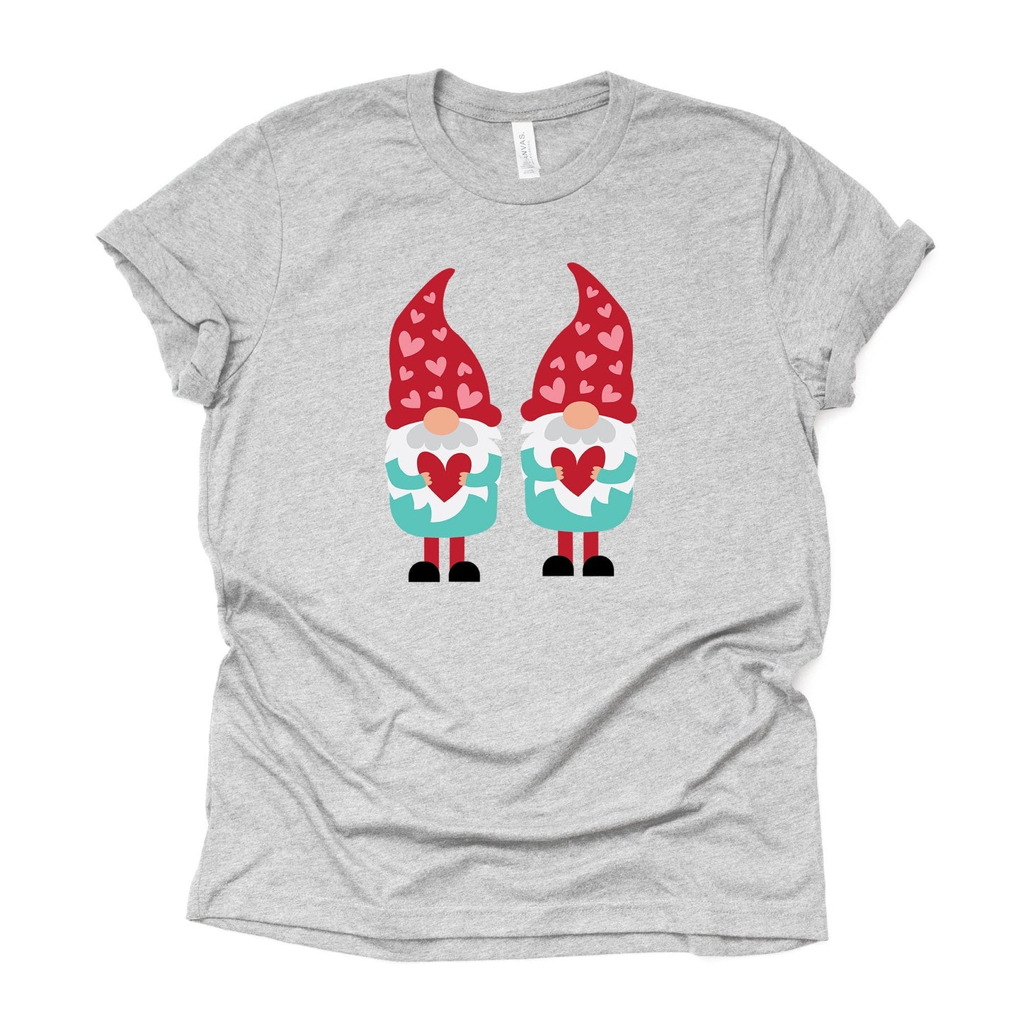 Valentine's Day Tee, Two Valentine Gnomes in Teal and Red Design on premium unisex shirt, 2 color choices, 2X, 3X, 4X, plus sizes available