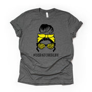 Dispatcher Tee, #DISPATCHERLIFE, Dispatcher Life Messy Bun Design on premium unisex shirt, 2 color choices, 2X, 3X, 4X, plus sizes available