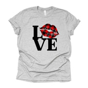 Valentine's Day Tee, Cute LOVE with Red Buffalo Plaid Lip Design on premium unisex shirt, 2 color choices, 2X, 3X, 4X, plus sizes available