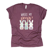 Easter Tee, Where My Peeps Easter Bunnies in Plaid and Dots Design, premium unisex shirt, 3 color choices, 2X, 3X, 4X, plus sizes available