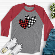 Valentine's Day Raglan, Cute Red And Black Buffalo Plaid Hearts Valentine Design on premium Raglan 3/4 sleeve shirt, plus size, 2X, 3X