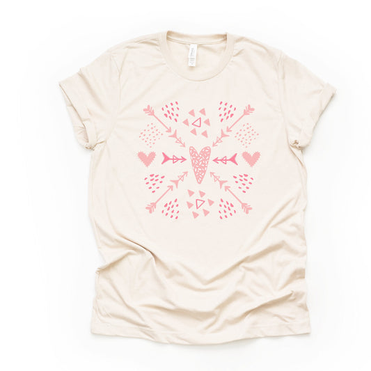 Valentine's Day Tee, Boho Valentine Arrows and Hearts Design on premium unisex shirt, 2 color choices, 2X, 3X, 4X, plus sizes available