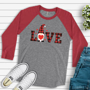 Valentine's Day Raglan, Cute Red And Black Buffalo Plaid LOVE Gnome Valentine Design on premium Raglan 3/4 sleeve shirt, plus size, 2X, 3X