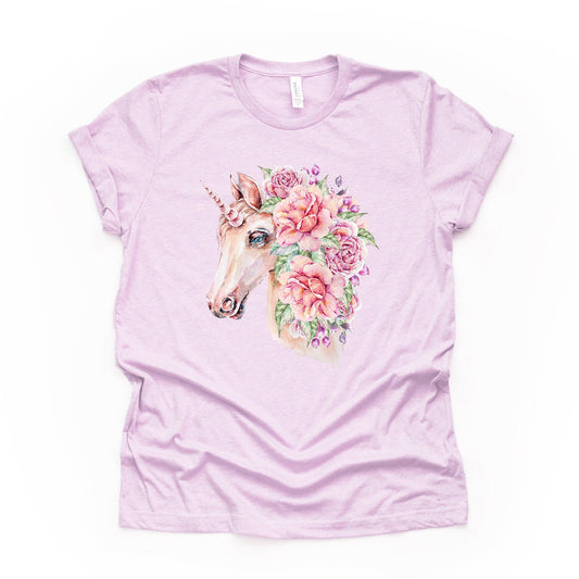 Unicorn Tee, Beautiful Pastel Unicorn with Flowers Design on premium Bella + Canvas unisex shirt, 2 color choices, plus sizes available