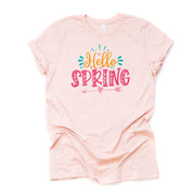 Spring Tee, Cute Boho Hello Spring with Hearts and Arrows on premium unisex shirt, 2 color choices, 2X, 3X, 4X, plus sizes available