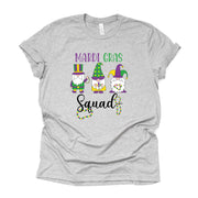 Mardi Gras Gnome Tee, Mardi Gras Squad Gnomes with Beads Design on premium unisex shirt, 2 color choices, 2X, 3X, 4X, plus sizes available