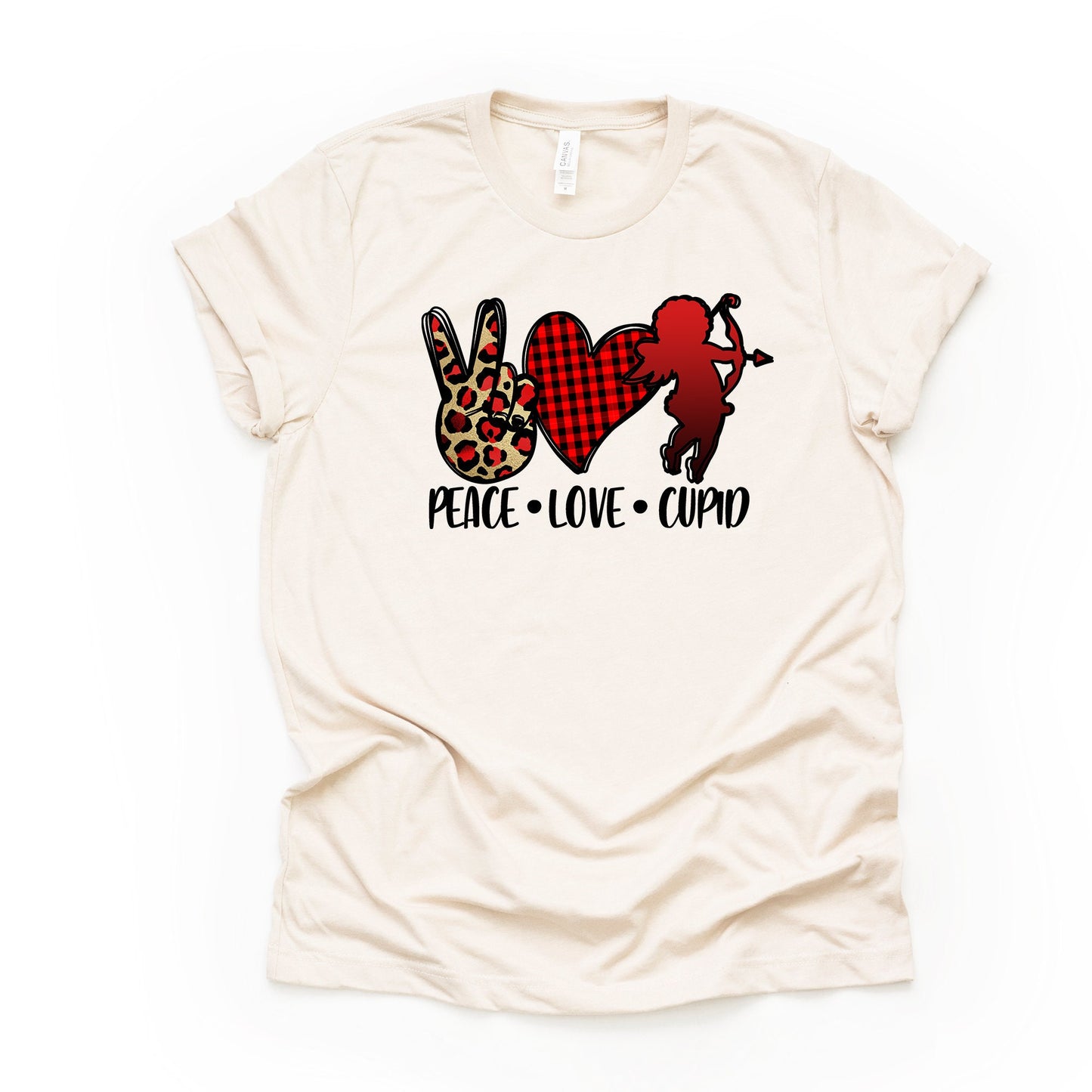 Valentine's Day Tee, Peace, Love and Cupid Valentine's Design on premium unisex shirt, 2 color choices, 2X, 3X, 4X, plus sizes available