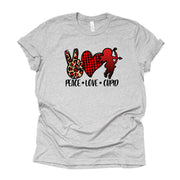 Valentine's Day Tee, Peace, Love and Cupid Valentine's Design on premium unisex shirt, 2 color choices, 2X, 3X, 4X, plus sizes available
