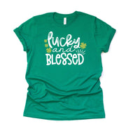 St Patrick's Day Tee, Lucky and Blessed with Shamrocks Design on premium unisex tee, 2 color choices, 2X, 3X, 4X, plus sizes available