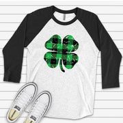 St. Patrick's Day Raglan, Distressed Black and Green Buffalo Plaid Shamrock Design on premium Raglan 3/4 sleeve shirt, plus size, 2X, 3X