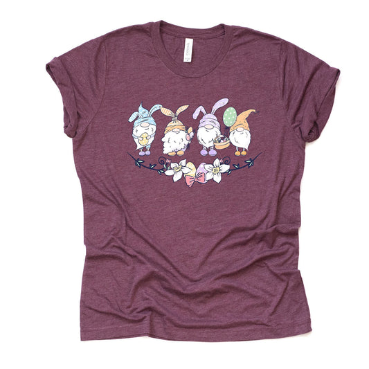 Easter Tee, Four Easter Gnomes with Daffodils, Easter Gnome Design, premium unisex shirt, 2 color choices, 2X, 3X, 4X, plus sizes available