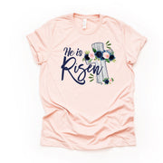 Christian Easter Tee, He Is Risen Easter, Cross Flowers Design, premium unisex shirt, 4 color choices, 2X, 3X, 4X, plus sizes available