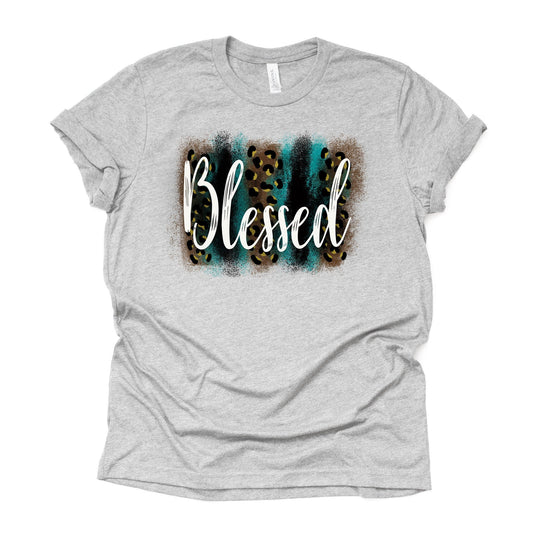 Blessed Tee, Teal and Leopard Print Brush Strokes Blessed Design on premium unisex shirt, 2 color choices, 2X, 3X, 4X, plus sizes available