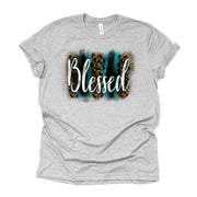 Blessed Tee, Teal and Leopard Print Brush Strokes Blessed Design on premium unisex shirt, 2 color choices, 2X, 3X, 4X, plus sizes available