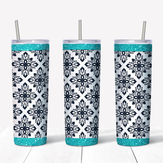 20 oz Skinny Tumbler, Pretty Black and White Damask Tumbler, Black and White Pattern Tumbler with Teal, 20 oz Stainless Steel Tumbler