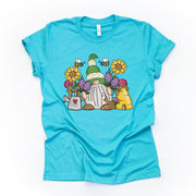 Gnome Shirt, Cute Flower Garden Gnome with Bees and Flowers Design, premium unisex shirt, 3 color choices, 2X, 3X, 4X, plus sizes available