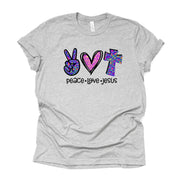 Christian Tee, Peace, Love, Jesus with Cross Design on premium unisex shirt, 2 color choices, 2X, 3X, 4X, plus sizes available