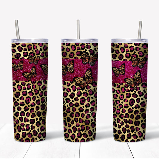 20 oz Skinny Tumbler,  Pink and Leopard Print Tumbler, Butterfly Tumbler, Leopard and Butterfly Tumbler, 20 oz Stainless Steel Tumbler