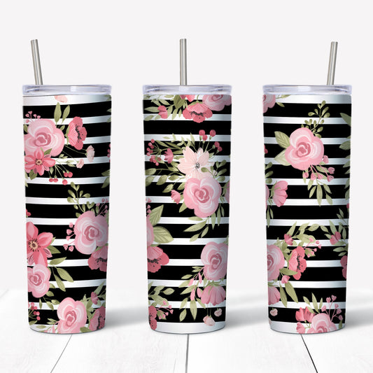 20 oz Skinny Tumbler, Black Stripes and Floral Tumbler, Pink Flowers Tumbler, Gift for Valentine's Day, 20 oz Stainless Steel Tumbler
