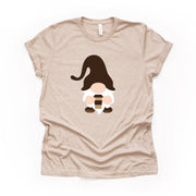 Gnome Shirt, Super Cute Gnome Drinking Coffee, Gnome and Coffee Cup Design on premium unisex shirt, 2 color choices, 2X, 3X, 4X, plus sizes