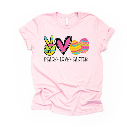 Easter Tee, Peace, Love and Easter, Love Easter Eggs Design on premium unisex shirt, 3 color choices, 2X, 3X, 4X, plus sizes available