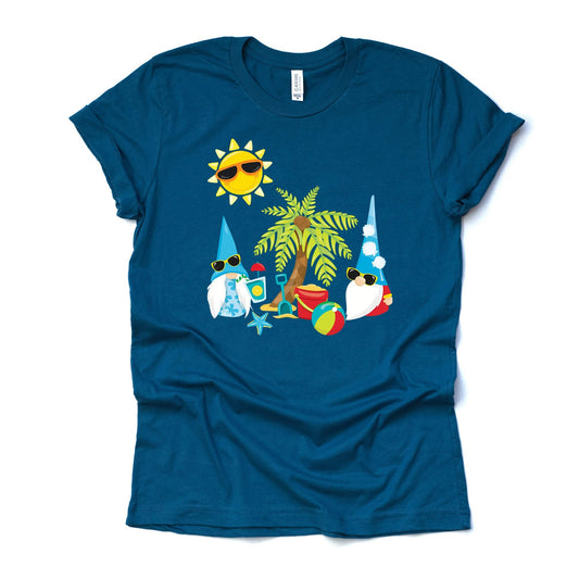 Summer Gnomes Tee, Two Gnomes at the Beach with Palm Tree Design on premium unisex shirt, 3 color choices, 2X, 3X, 4X, plus sizes available