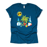Summer Gnomes Tee, Two Gnomes at the Beach with Palm Tree Design on premium unisex shirt, 3 color choices, 2X, 3X, 4X, plus sizes available