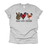 Chickens, Peace, Love, Chicken, PEACE LOVE CHICKENS tie dye designm premium unisex shirt, 2 color choices, 2X, 3X, 4X, plus sizes available