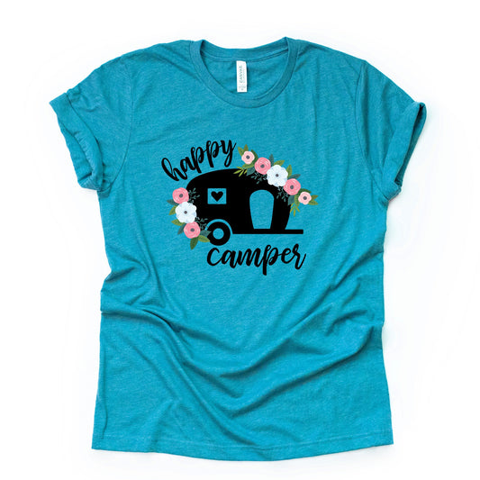 Camping and Hiking, Super Cute Floral Happy Camper, Camper Design on premium Bella + Canvas unisex shirt, 3 color choices, plus sizes