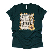 Christian, Saved By His Amazing Grace Leopard and Sunflowers Design, premium unisex shirt, 3 color choices, 2X, 3X, 4X, plus sizes available
